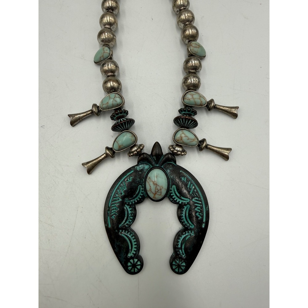 Western Turquoise Squash Blossom Naja Horseshoe Necklace Silver Tone Statement - Picture 3 of 4